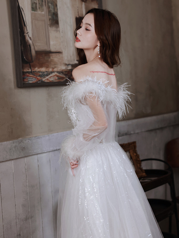 White Feather Evening Dress Lady