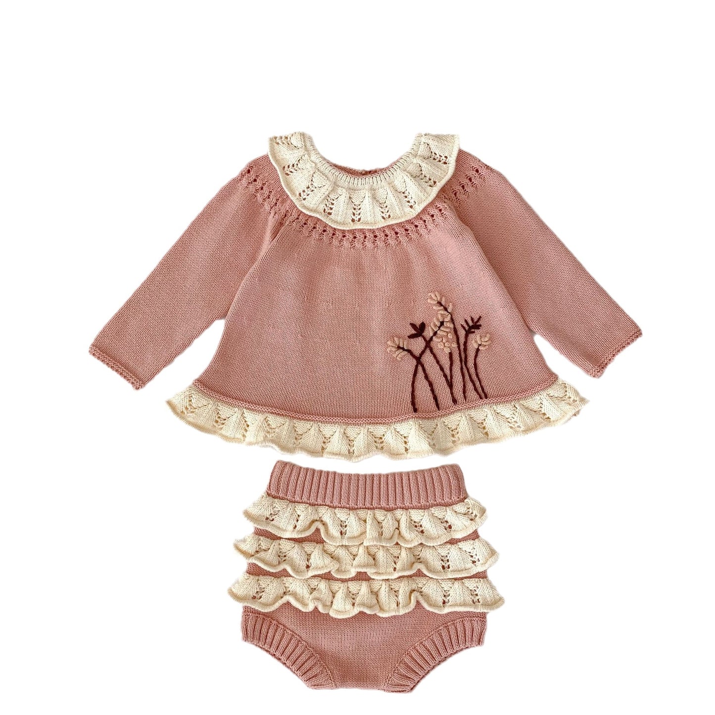 Baby Girls' Ruffled Collar Long-sleeved Knitted Top Ruffled Knitted Pants