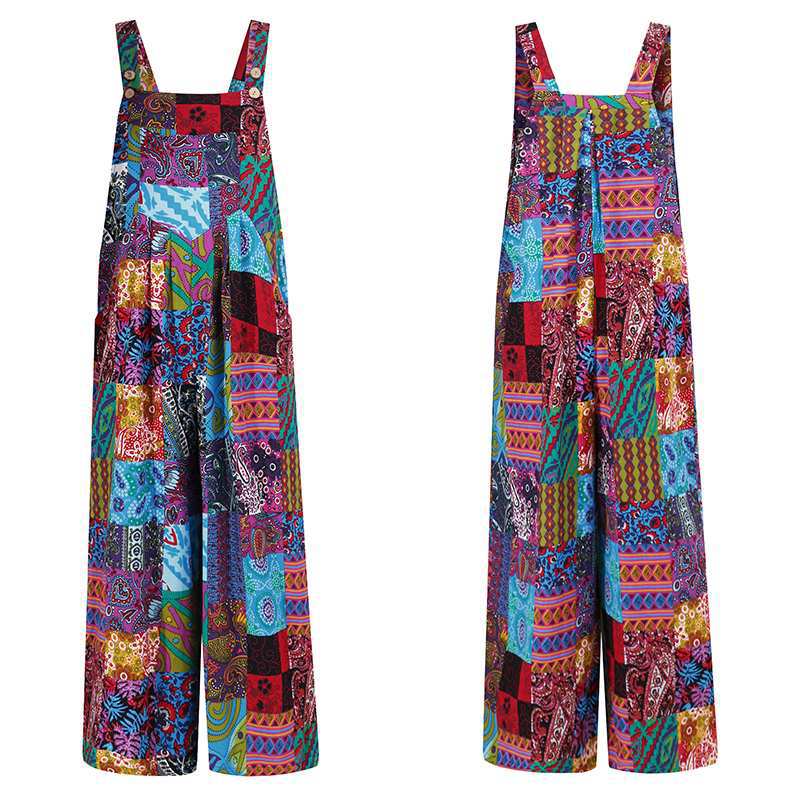 New Women's Ethnic Style Suspender Button Printing Jumpsuit