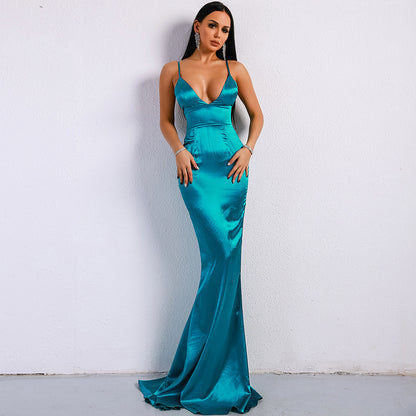 V-neck solid color sling backless ladies evening dress