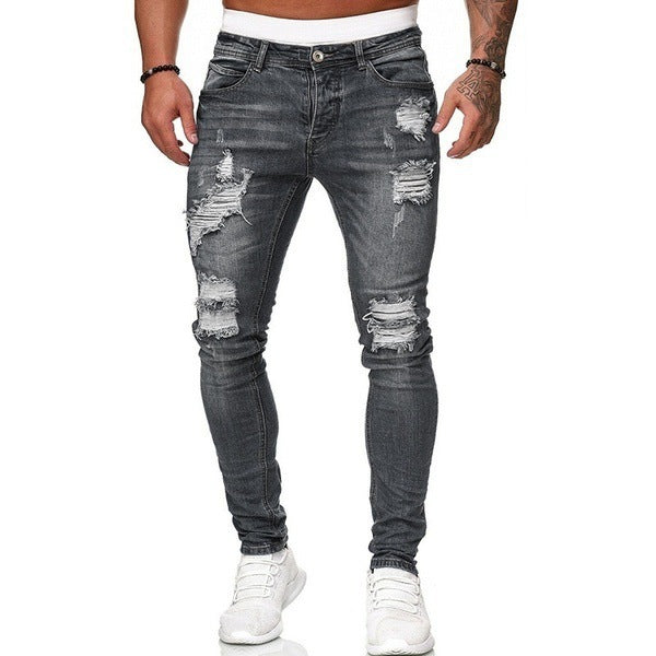 Ripped White Slim Denim Trousers Fashion Foot Pants