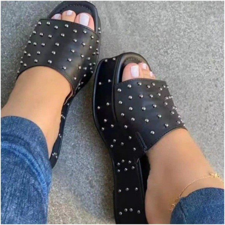 Women Rivet Slippers Summer High Heel Plats Shoes Peep-toe Beach Shoes