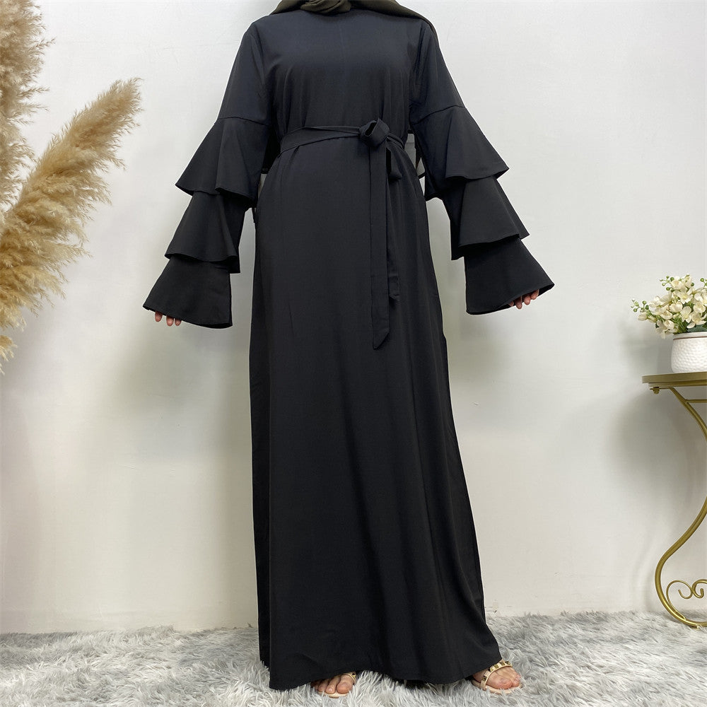 Trendy Round Neck Loose Tie Multi-layer Long Sleeve Long Dress For Women