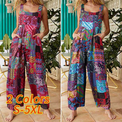 New Women's Ethnic Style Suspender Button Printing Jumpsuit