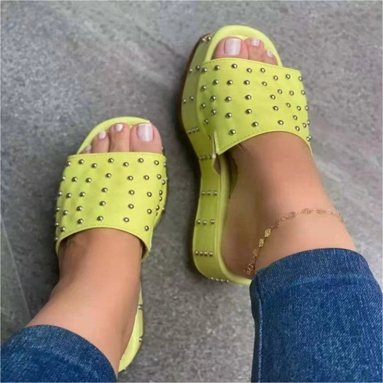 Women Rivet Slippers Summer High Heel Plats Shoes Peep-toe Beach Shoes