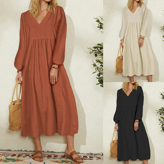 Autumn New Fashion Women's Wear Cotton Loose Lantern Sleeve Dress