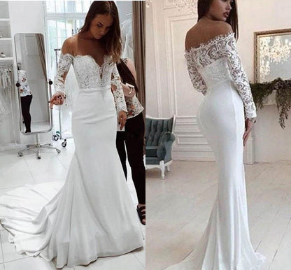 Fashion One Shoulder Lace Long Sleeve Dress Mopping Wedding Dress