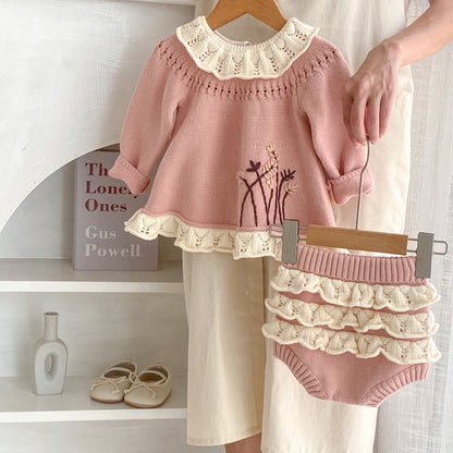 Baby Girls' Ruffled Collar Long-sleeved Knitted Top Ruffled Knitted Pants