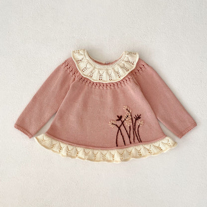 Baby Girls' Ruffled Collar Long-sleeved Knitted Top Ruffled Knitted Pants