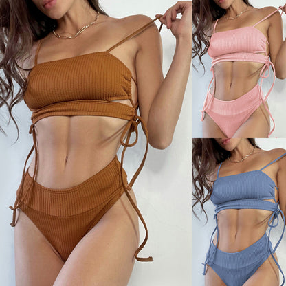 New Bikini Rib Fabric Sexy Lace-up High Waist Swimsuit