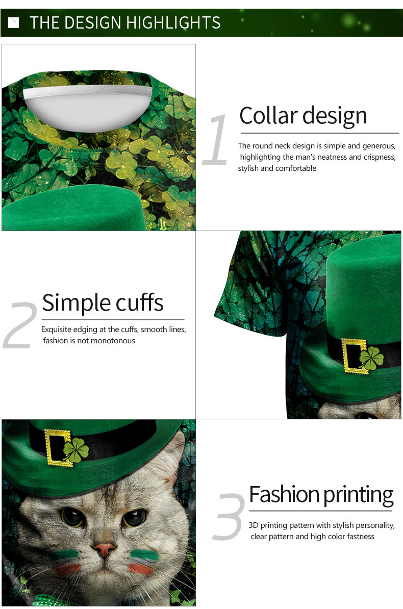 St. Patrick's Day Green Hat Sub Festival 3D Digital Print Street Party Couple Short Sleeve T-shirt