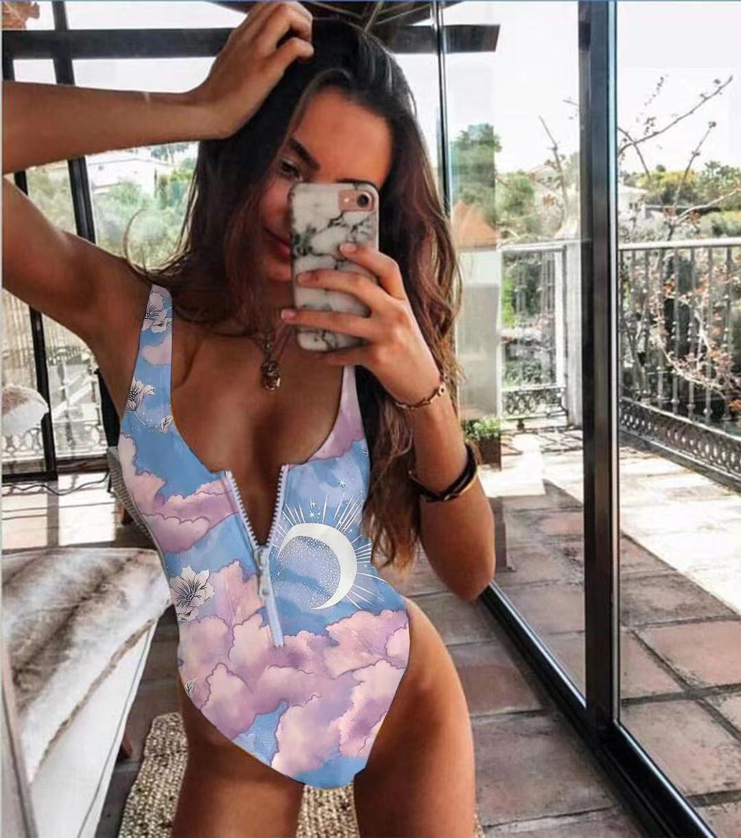 Women's Printed Zip One Piece Bikini