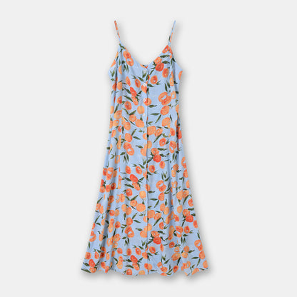 French Strap Single-breasted Dress Fruit Orange Printed Vacation Style Mid-length Dress