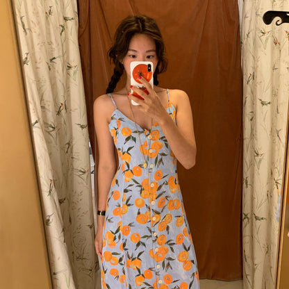 French Strap Single-breasted Dress Fruit Orange Printed Vacation Style Mid-length Dress