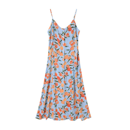 French Strap Single-breasted Dress Fruit Orange Printed Vacation Style Mid-length Dress