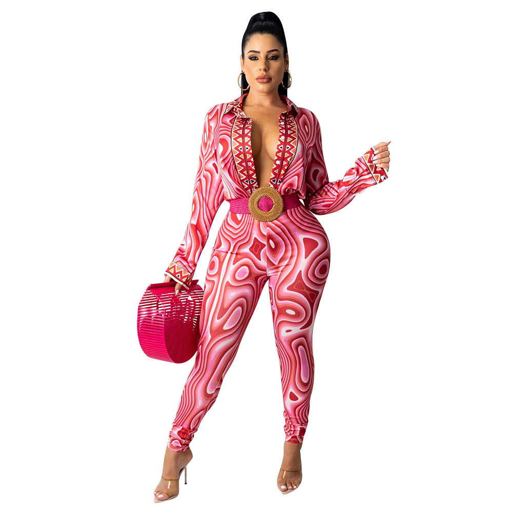 Autumn And Winter New Women's Clothing Fashion Sexy Print Long Sleeve Tight Casual Suit