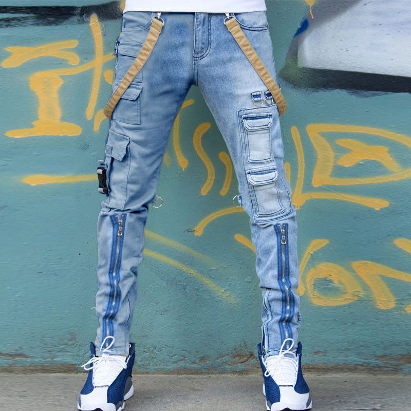 Color Block Wash Jeans Men's Trendy Brand Slim Straight-leg Pants