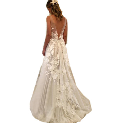 Double-shoulder Deep V-neck Slim-fit Lace Wrapped Shoulder Tail Wedding Dress