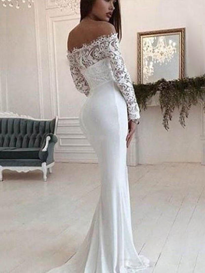 Fashion One Shoulder Lace Long Sleeve Dress Mopping Wedding Dress